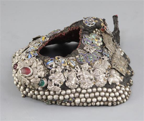 A Chinese silver mounted cockerel hat, late Qing dynasty,